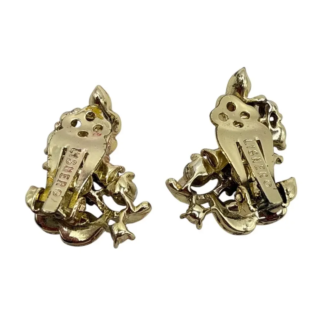 Vintage Lisner Signed Gold Tone Red Aurora Borealis Rhinestone Clip-On Earrings